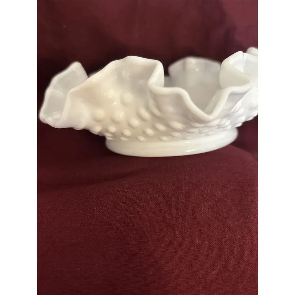Vintage Fenton Hobnail White Milk Glass Ruffled Candy Dish